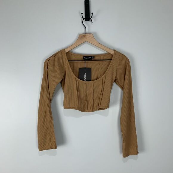 Pretty Little Thing Mocha Exposed Seam Crop Top - Picture 2 of 7